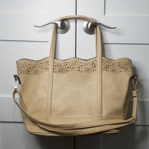 Tan Faux Leather Tote Bag with Floral Cutout